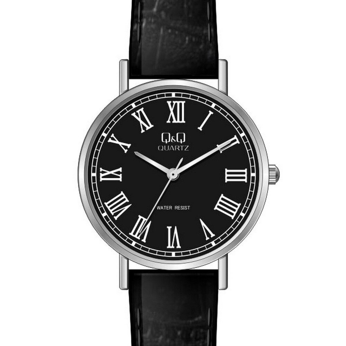 QQ Q979J814Y - Horloge - Analoog - Vrouwen - Dames - Leren band - Rond - Metaal - Romeinse cijfers - Zwart - Zilverkleurig - 3ATM