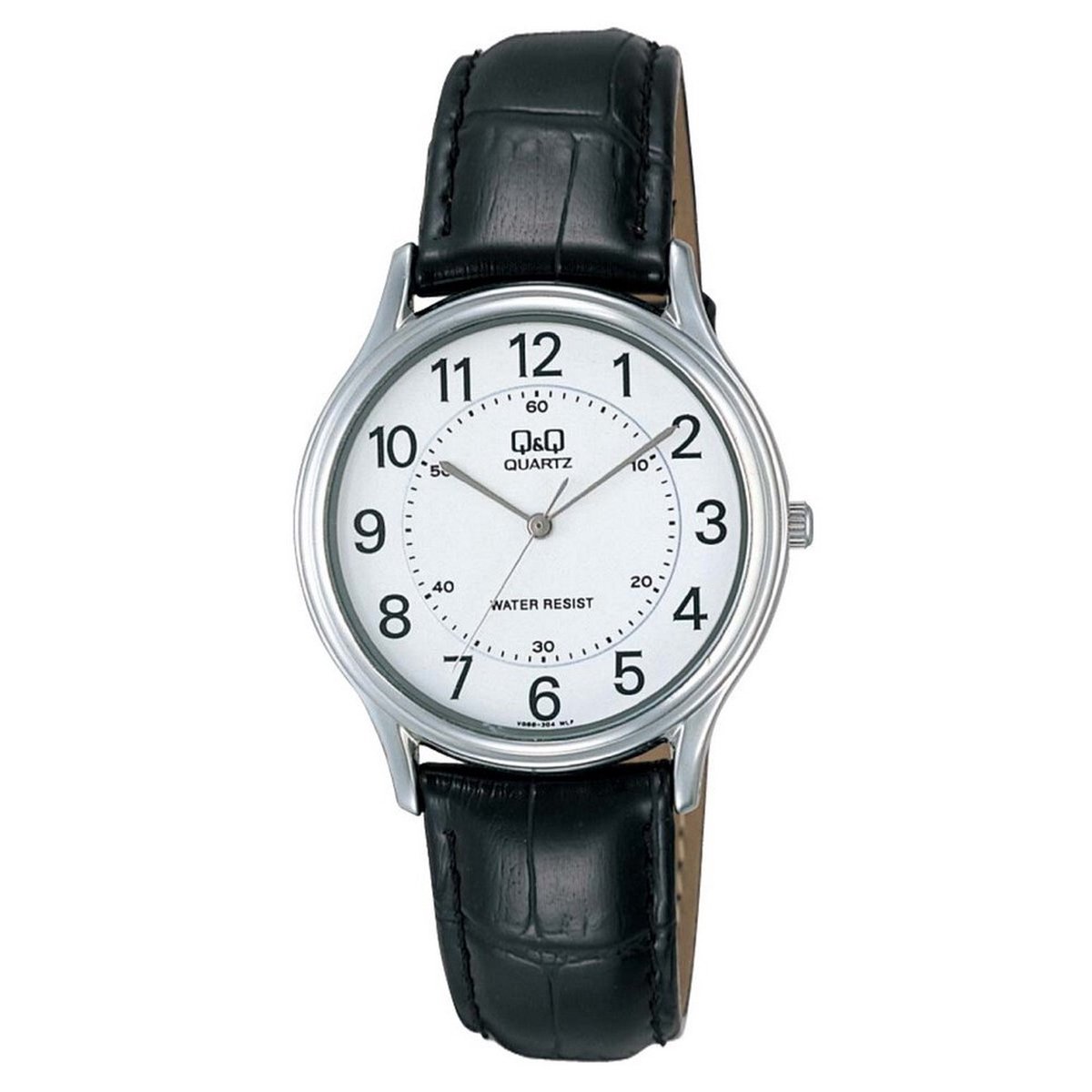QQ VG68J304Y - Horloge - Analoog - Heren - Mannen - Leren band - Rond - Metaal - Zwart - Zilverkleurig - Wit - 3ATM