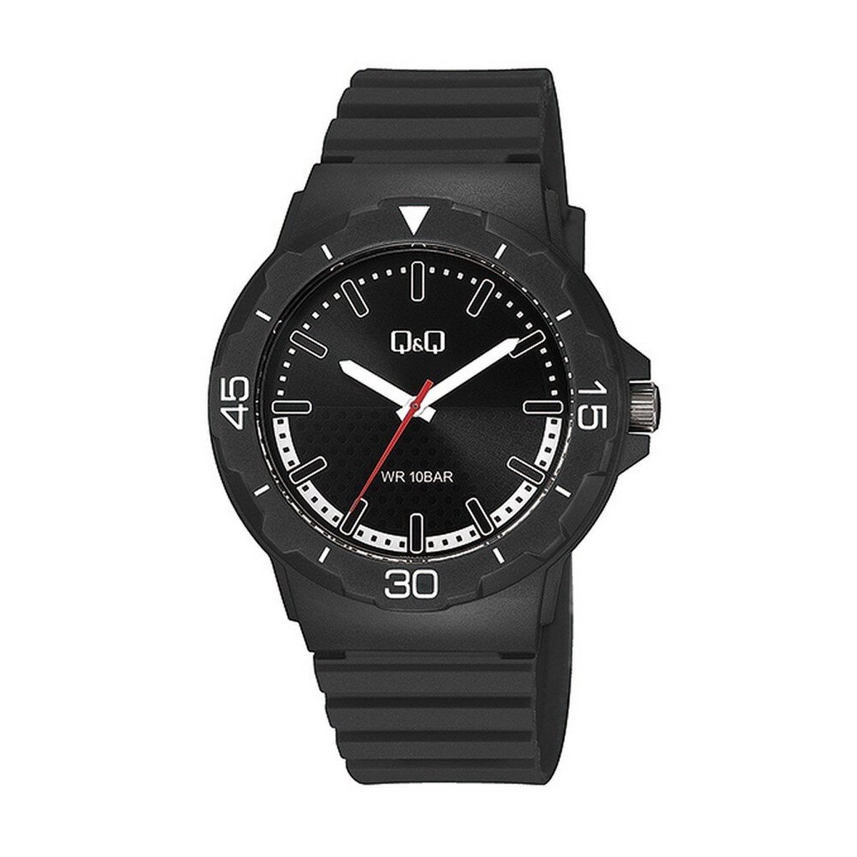 QQ V02A-004VY - Horloge - Sport - Analoog - Heren - Mannen - Plastic band - Rond - Streepjes - Kunststof - Zwart - Wit - 10 bar waterdicht