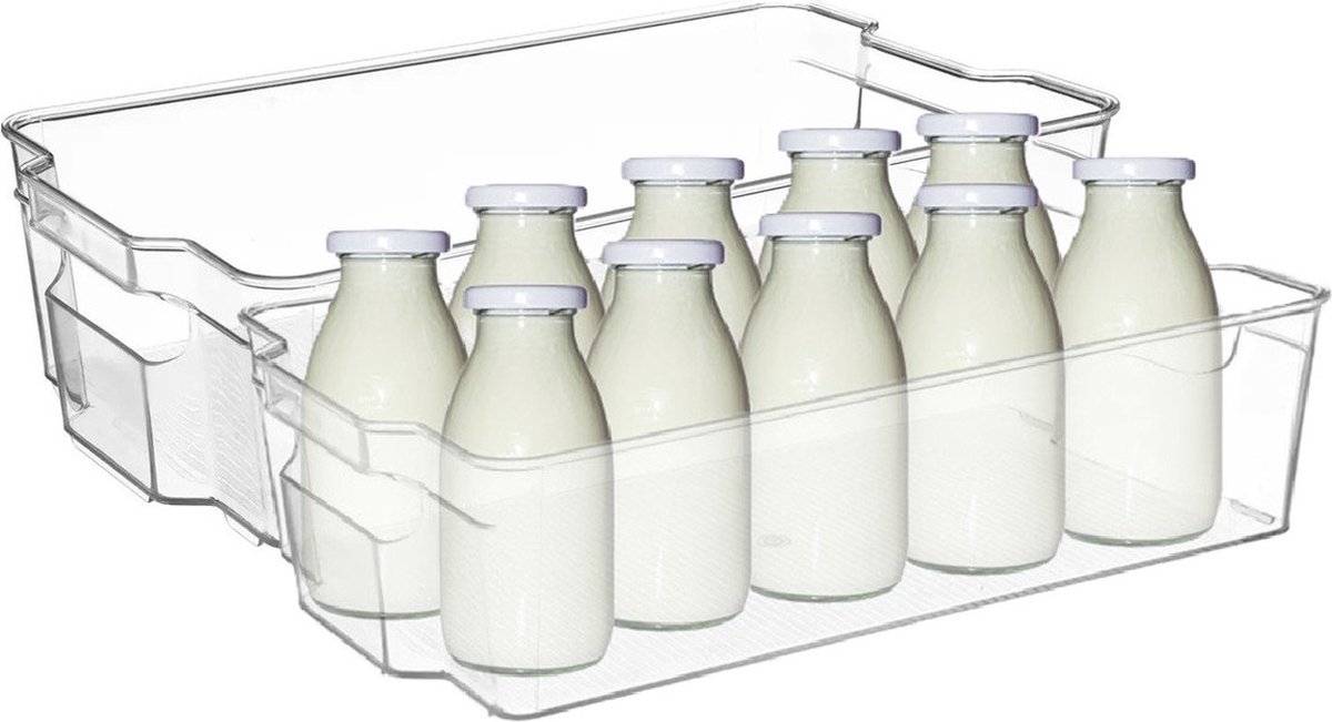 5Five Koelkast/keuken organizer mand/bak - 2x - transparant - kunststof - L37 x B21 x H10 cm - groente/fruit lade - 8 liter