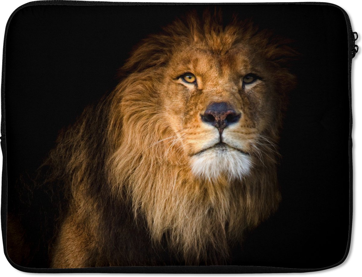 Laptophoes 17 inch - Leeuw - Licht - Zwart - Portret - Laptop sleeve - Binnenmaat 41x28 cm - Zwarte achterkant