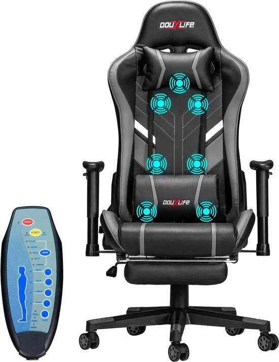 Foto: Verkoop nederland gaming stoel massage ergonomisch hoge rug ontwerp ontspannen aangepaste pu massage computer bureaustoelen grijs max 150kg verstelbaar