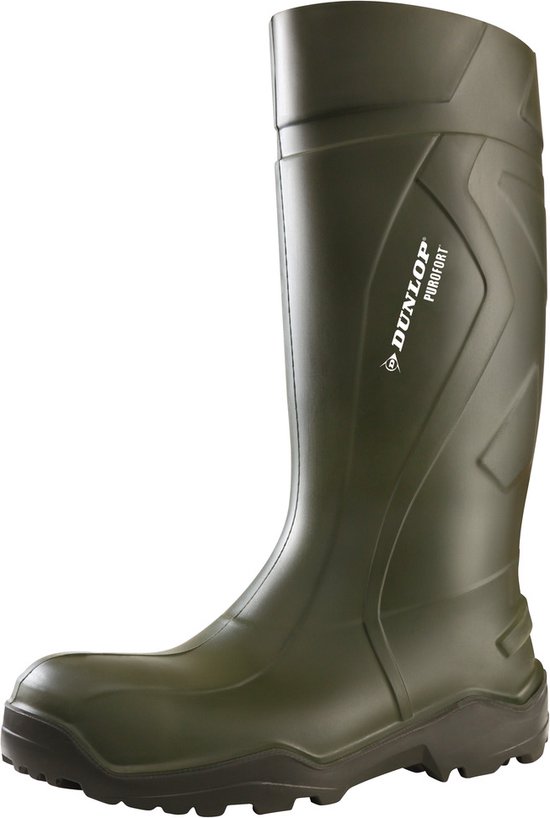 Donkergroene Dunlop Purofort werklaars. Op wit.
