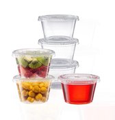 Surflyee 50 stuks plastic bakjes met deksels, BPA-vrije voedselcontainers van 200 ml met deksels, potjes voor saus, lekvrij, kleine plastic potjes voor afhaalmaaltijden, potjes voor dips, gelei