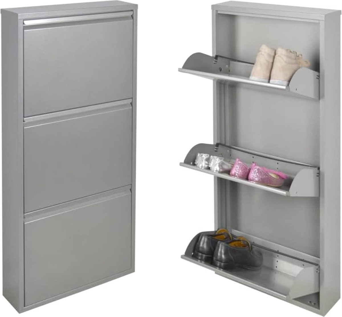 JGS® - Ultra-Dunne Metalen Schoenenkast met 3 Deuren in Grijs Ruimtebesparend Ontwerp-