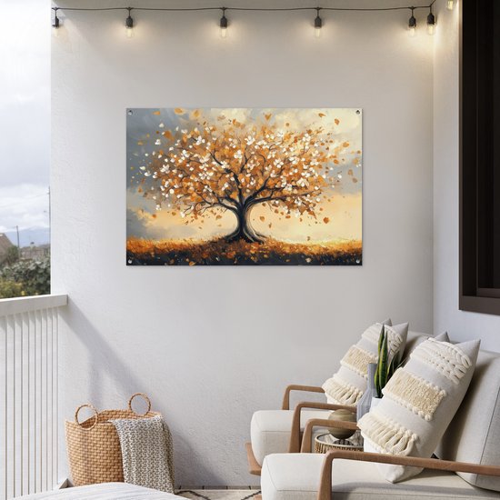 Tuinposter 120x80 cm - Tuindecoratie Herfst - Boom - Oranje - Bladeren - Levensboom - Abstract - Poster voor in de tuin - Buiten decoratie - Schutting tuinschilderij - Tuindoek muurdecoratie - Wanddecoratie balkondoek