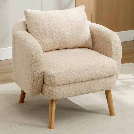 Gutent Fauteuil (met kussen), Beige, Teddy Flanel, Extra dik kussen fauteuil, enkele bank fauteuil, Gestoffeerde fauteuil, lounge stoel, massief houten poten