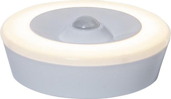 Veilleuse ronde blanche à LED avec détecteur de mouvement sur fond blanc.