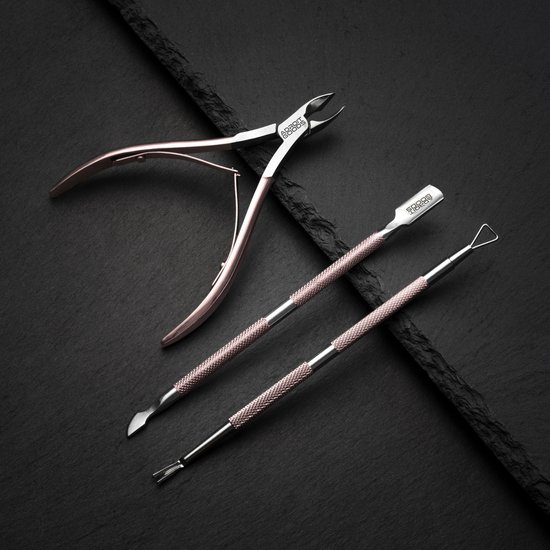 AdroitGoods 3 delige Nagelriem Knipper set - Rose Gold - Cuticle Pusher Duwer Verwijderaar Trimmer Mesje - bokkenpootje nagels