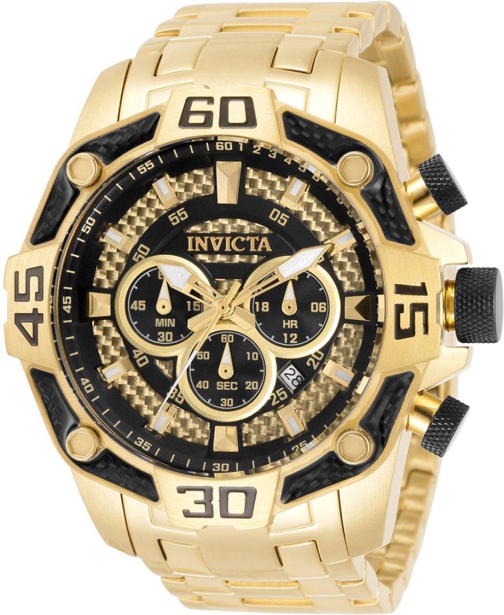 Invicta Pro Diver 33848 Heren Horloge - Waterdicht - Analoog - Quartz Uurwerk - Roestvrij Staal met gouden Wijzerplaat -52mm