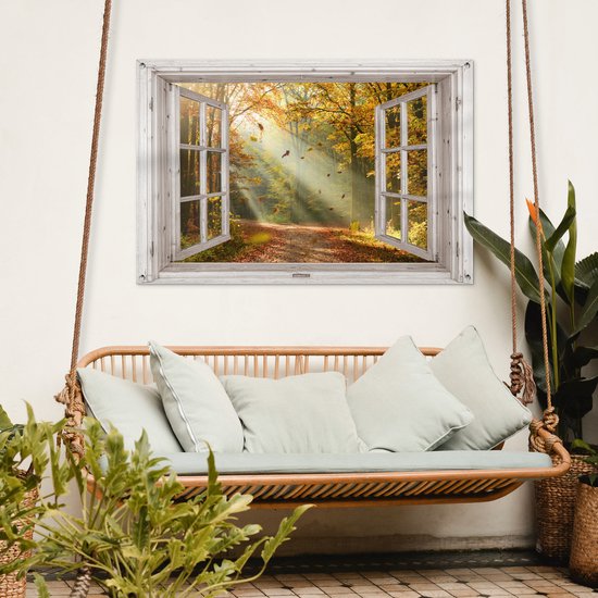 Verschillende formaten van een open houten raam met bosweg in herfstkleuren. Text: 'In verschillende formaten verkrijgbaar'.