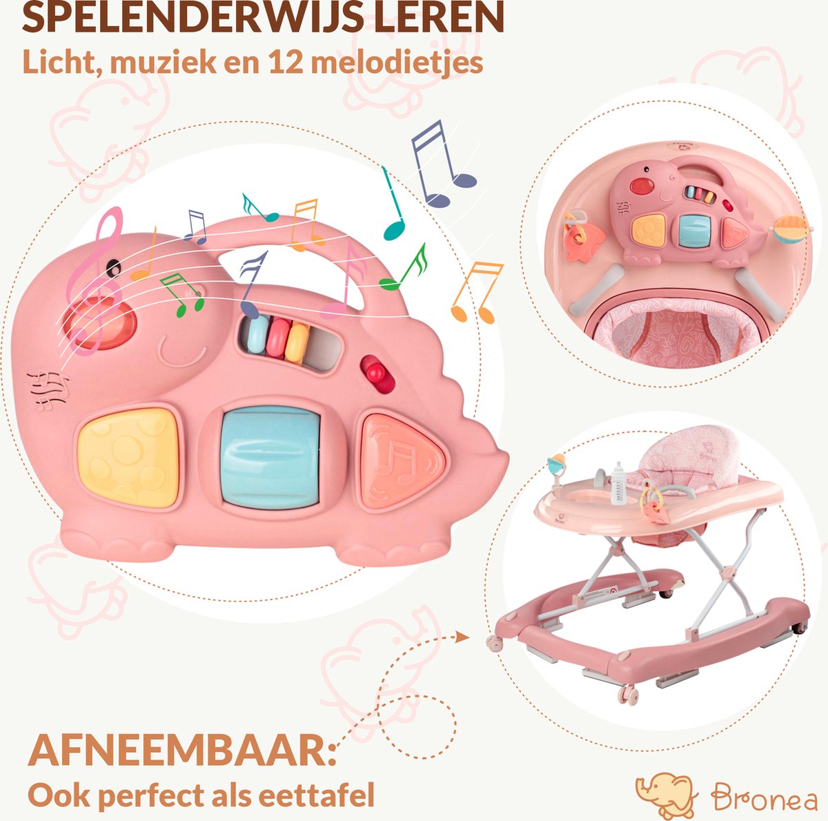BRONEA® 5 In 1 Loopstoeltje Voor Baby's Babywalker Met Schommelfunctie Muziek Licht Afneembaar Speelpaneel Loopstoel Hoogte Verstelbaar Inklapbaar Roze 860887182