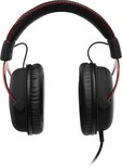 Zwarte gaming headset met rode stiksels, van voren gezien.