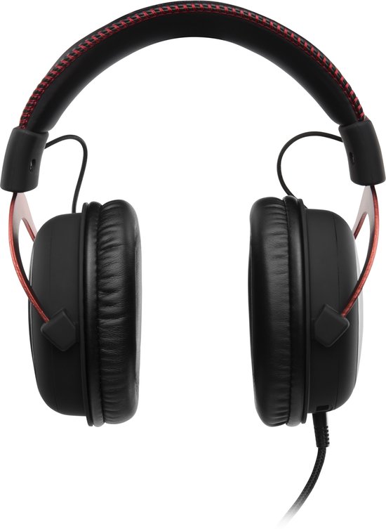Zwarte gaming headset met rode stiksels, van voren gezien.