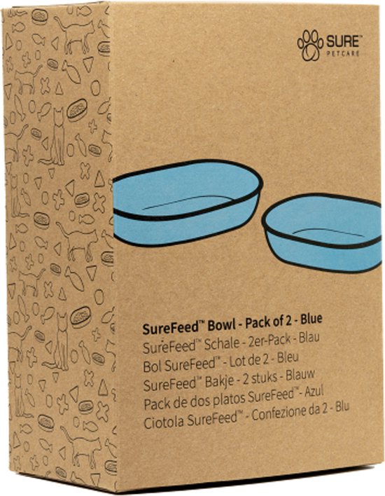 Verpakking voor twee blauwe SureFeed voerbakjes, met illustraties van katten.
