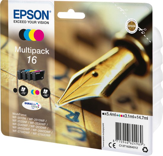 Epson 16 multipack inktcartridges in zwart, cyaan, geel en magenta. Met een gouden penpunt en het Epson logo.