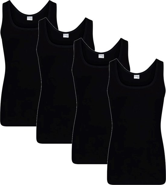 Drie zwarte tanktops voor heren, opgesteld in een rij.