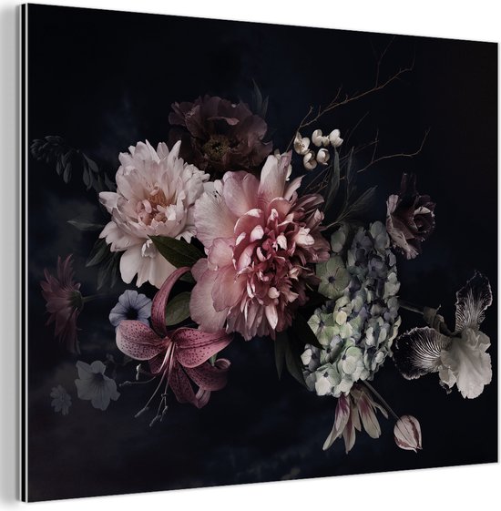 Aluminium schilderij 80x60 cm - Wanddecoratie metaal - Bloemen - Vintage - Pastel - Roze - Wit - Metalen muurdecoratie woonkamer - Decoratie industrieel - Foto op dibond - Industriële accessoires slaapkamer