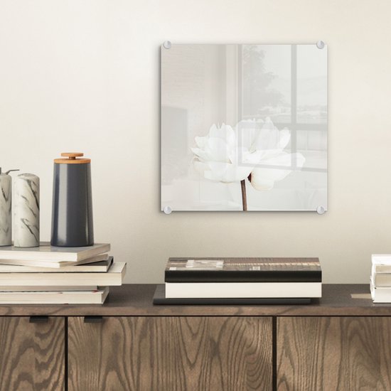 MuchoWow® Peinture sur verre 20x20 cm - Peinture sur verre acrylique - Fleurs - Pivoine - Wit - Nature morte - Photo sur verre - Décoration murale salon - Décoration murale chambre - Peintures