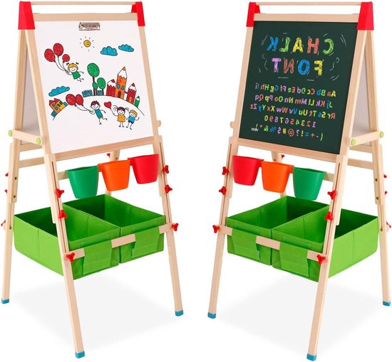 Foto: Houten kinderezel met papierrol dubbelzijdig whiteboard in hoogte verstelbaar inclusief accessoires voor kinderen cadeau voor peuters