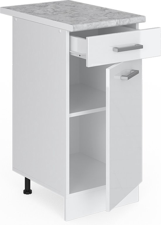 Vicco Élément bas universel R- Line, Wit brillant/ Wit, 40 cm avec tiroir, avec plan de travail