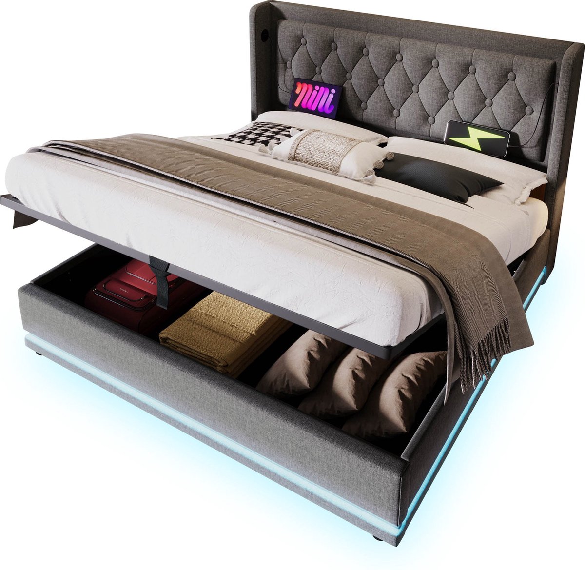 Merax Gestoffeerd Bed 140x200 cm - Bed met Hydraulische Opbergruimte en LED Verlichting - USB Type-C Oplaadfunctie en Gepolsterd Hoofdbord - Grijs Katoen