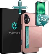 Forterra Hoesje Geschikt voor iPhone 16 Plus Pashouder Hard Case Hoes Met 2x Screenprotector - Hoes Geschikt voor iPhone 16 Plus Hoesje Back Cover Met Pasjeshouder - Rosé goud