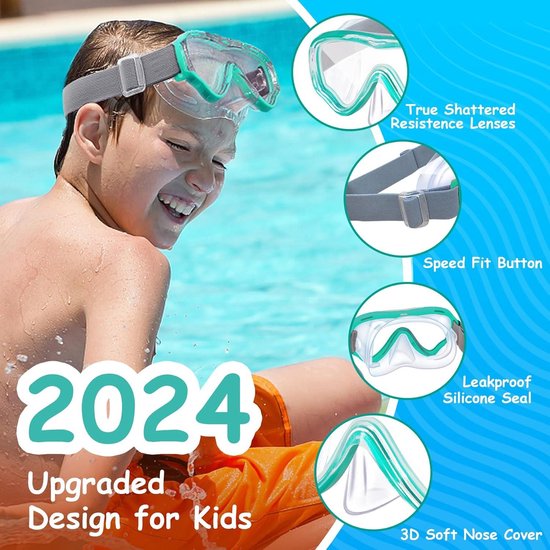HIKOTEY Duikbril voor kinderen, met stoffen band, anti-lek snorkelmasker en elastische stoffen band, snorkelmasker, 180 graden panorama HD, anti-condens, anti-lek, duikmasker voor 4-16 jaar (blauw