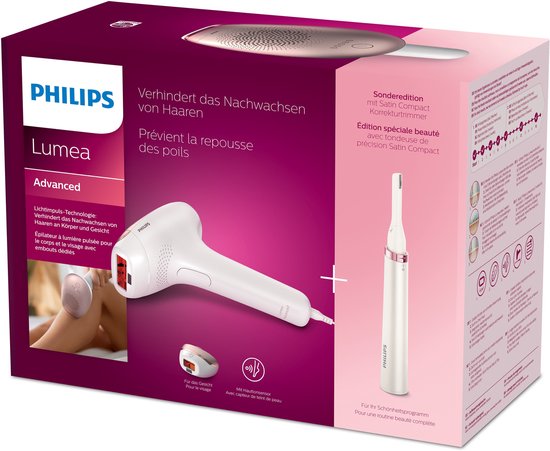 Doos van Philips Lumea Advanced IPL-ontharingsapparaat, met apparaten, accessoires en productinformatie.