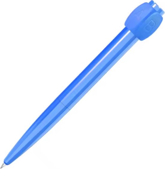 Stylo bleu vif avec une tête rotative portant les lettres A et B.