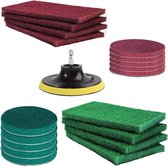 Ensemble de tampons abrasifs ronds et rectangulaires, rouges et verts, avec un adaptateur de perceuse.
