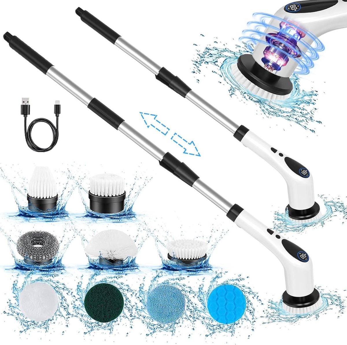 Goedkoopste Gemotoriseerde roterende schrobber - oplaadbare borstel met vervangbare koppen - instelbare lengte en snelheid - ideaal voor badkamervloeren, tegels, ramen en keukens schrobber met steel