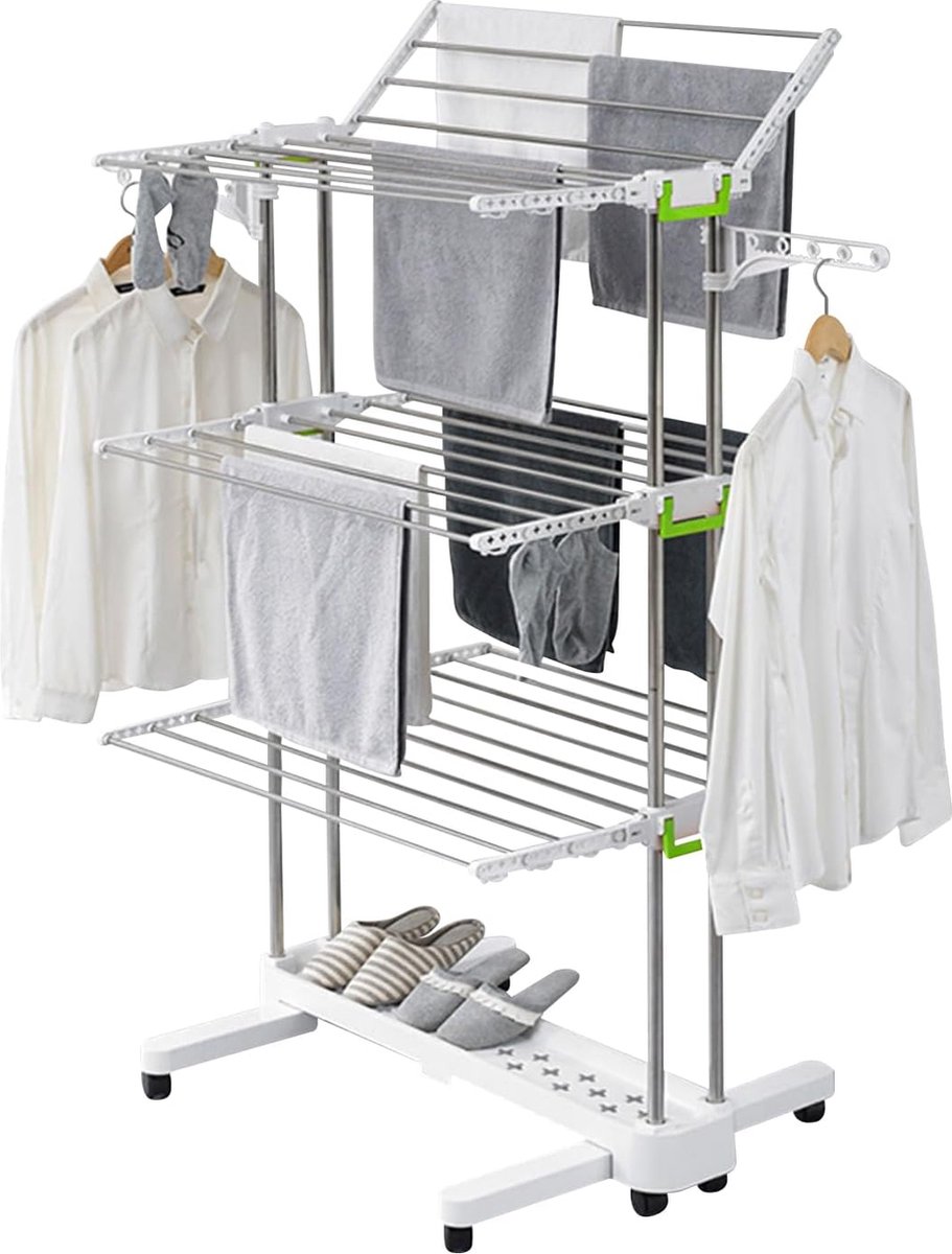 JGS® - Ruimtebesparend Droogrek met Opvouwbare Vleugels en Wielen, Perfect voor Grote Gezinnen en Binnenshuis Gebruik