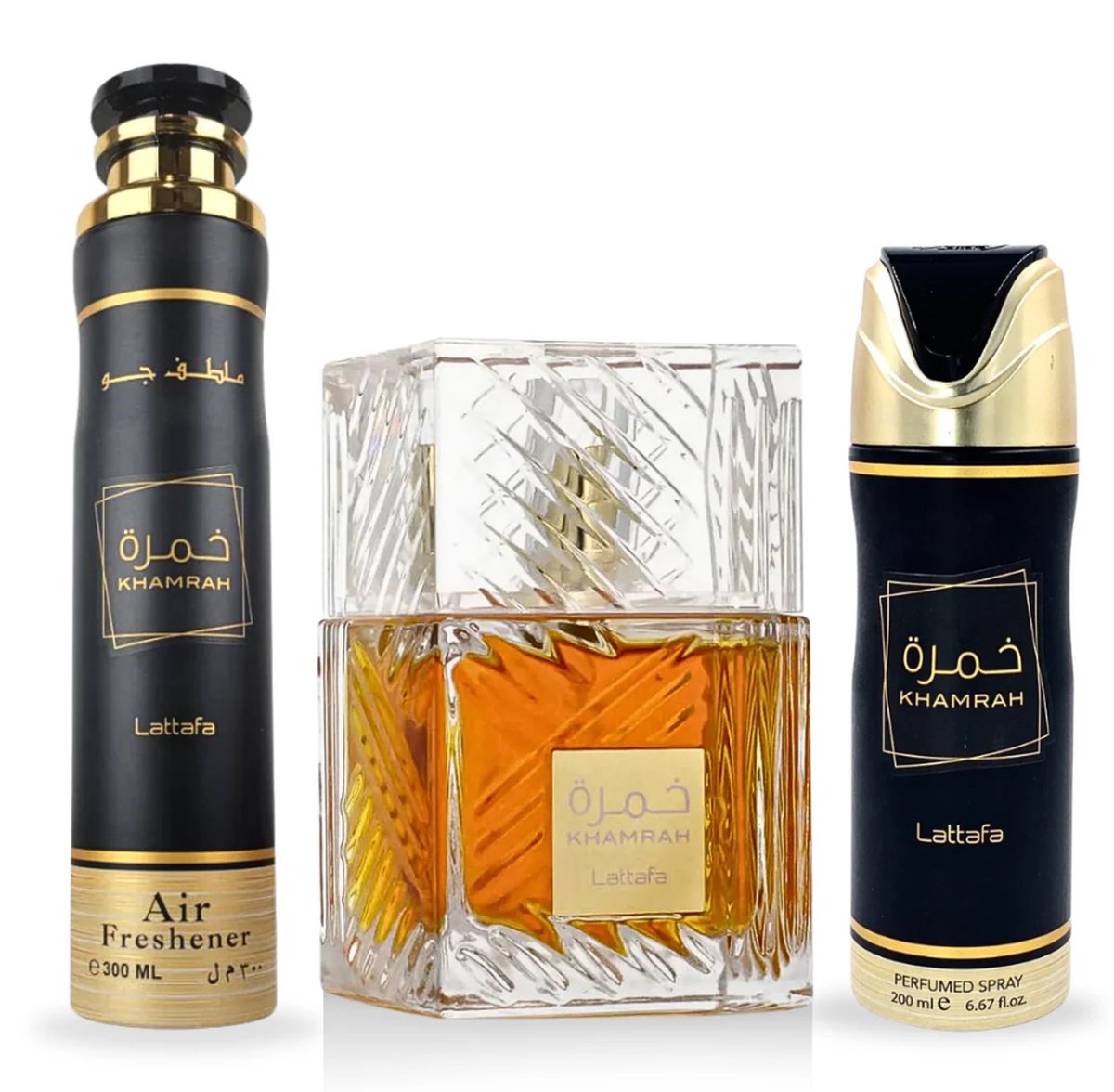 Goedkoopste Lattafa EDP Khamrah Gift pack & Perfumed Spray 200ML, Air Freshener 300ML | Gift Set by Lattafa
