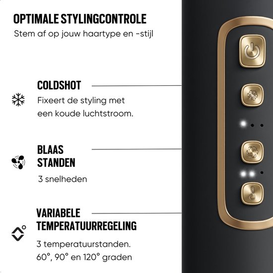Close-up van de Navado Easystyler Pro met pictogrammen voor cold shot, blaasstanden en variabele temperatuurregeling.