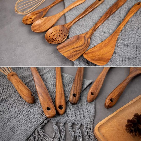Houten Keukengerei Set,Houten Lepels voor Koken Natuurlijke Teakhout Keuken Spatel Set voor Inclusief 7 Pack Houten Keukengerei Set,Houten Lepels voor Koken Natuurlijke Teakhout Keuken Spatel Set voor Inclusief 7 Pack