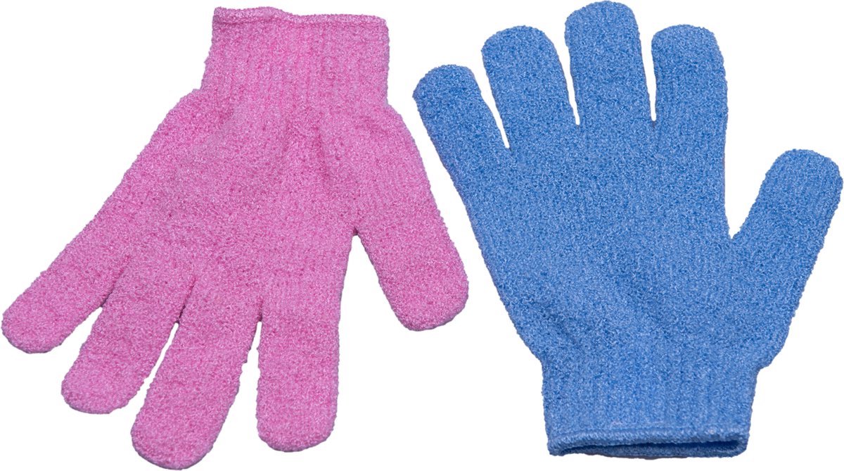 Scoby - Scrubhandschoen - Huidscrubber - Douchehandschoen - Washand - Body Scrub Glove - Roze / Blauw - 2 Stuks