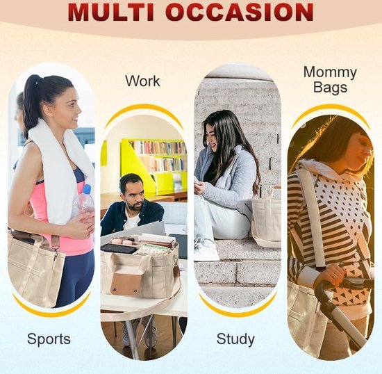 Sacs à main pour femme, sac cabas zippé, sac à main multi-poches, sac fourre-tout en toile, sac fourre-tout avec poignée, sac à main grande capacité, sac à main réutilisable, 1 pièce, Wit - Sac fourre-tout en toile