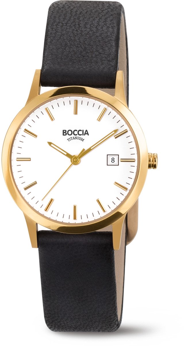 Boccia Titanium 3180-05 Dames Horloge - Mineraalglas - Titanium-Leer - Goudkleurig-Zwart - 31 mm breed - Quartz - Gesp - 5 ATM (douchen)