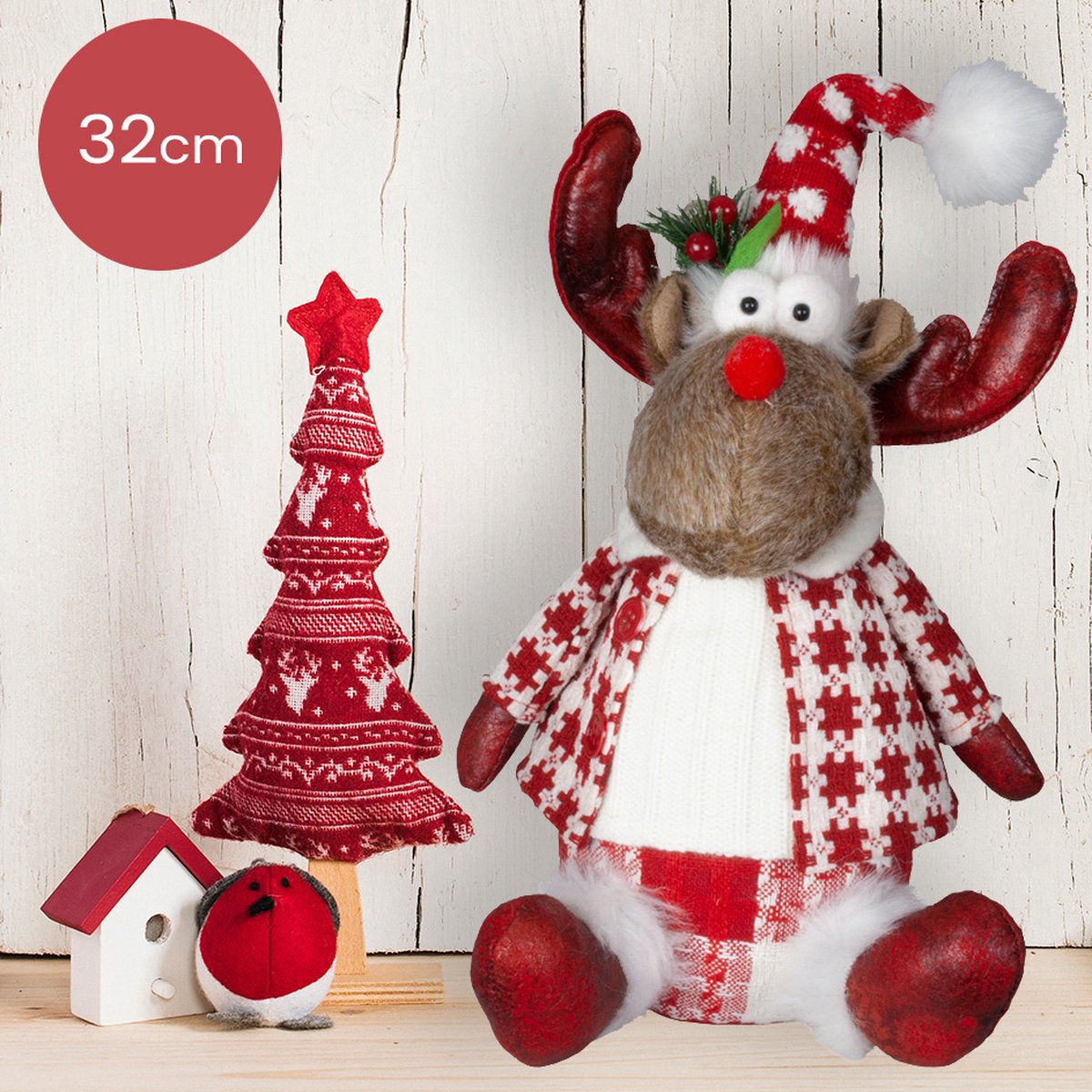 Handgemaakt zittend rendier-mannetje – 32/40 cm – geblokte kerstbroek
