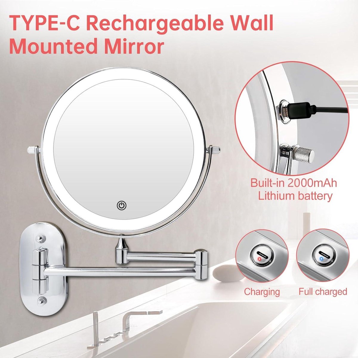 Jutyum Make-upspiegel, wandmontage, 1X/10X vergroting, LED-verlichting, dimbare spiegel, 3 kleuren Jutyum Make-upspiegel, wandmontage, 1X/10X vergroting, LED-verlichting, dimbare spiegel, 3 kleuren