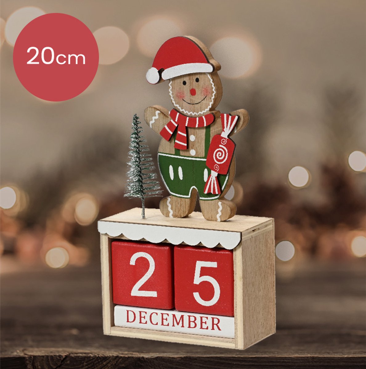 Houten Kerst adventskalender met gingerbread mannetje en rode blokken - 20 cm