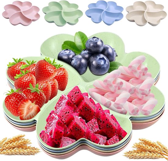 XUEHOU 2 stuks snackborden, ronde snackschaal, snoepschaal, snackborden met vakken, 5 vakken, fruitborden, herbruikbaar, lichtgroen en crèmewit, voor noten, desserts, 23 x 2,5 cm