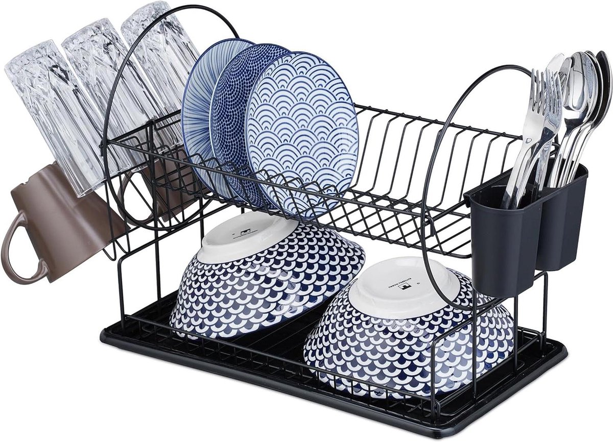 Goedkoopste Afdruiprek 2 etages 335 x 51 x 235 cm - afwasrek voor borden - druiprek met bestekhouder zwart afdruiprek met lekbak inklapbaar