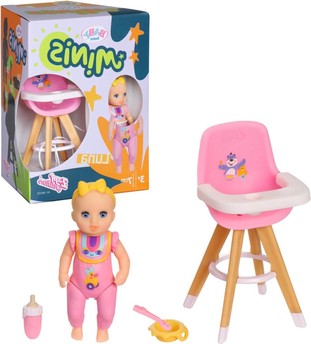 Speelset Kinderstoel met Luna 906125 65 cm pop exclusieve accessoires beweegbaar lichaam realistisch spel kinderen 3+ jaar. poppenstoel