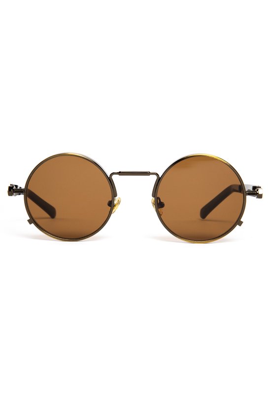 KIMU Ronde Zonnebril Hipster - Brons Montuur Rond - Donkerbruine Glazen - Vintage Retro Hippie Bronzen Motor Brilletje Festival van Merkloos — afbeelding 2