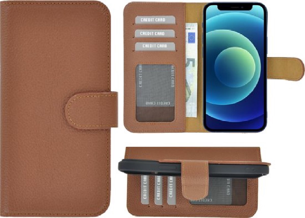 Geschikt voor iPhone 13 Hoesje - Bookcase - Portemonnee Hoes Echt leer Wallet case Bruin