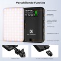 Zwarte LED-videolamp met deksel open, met functiebeschrijvingen: batterij-indicator, helderheidsknop, knop voor kleurtemperatuur, aan/uitknop en USB-C oplaadpoort.
