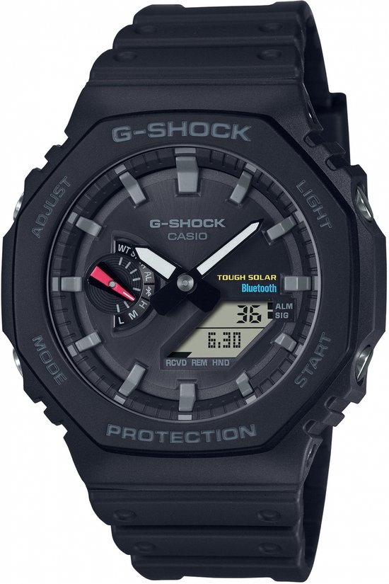 Zwart G-Shock horloge met analoge en digitale wijzerplaat. Met Tough Solar en Bluetooth.