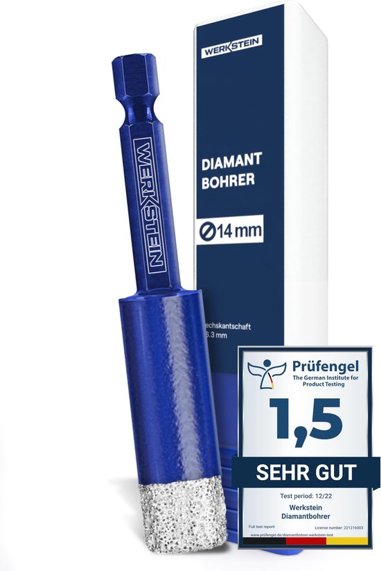 WERKSTEIN Tegelboor 14mm met Diamantboorkroon - Extreem duurzame boor voor fijnsteengoed om te boren in tegels, glas, keramiek, porselein, graniet, marmer en meer. Diamantboor met zeskantschacht